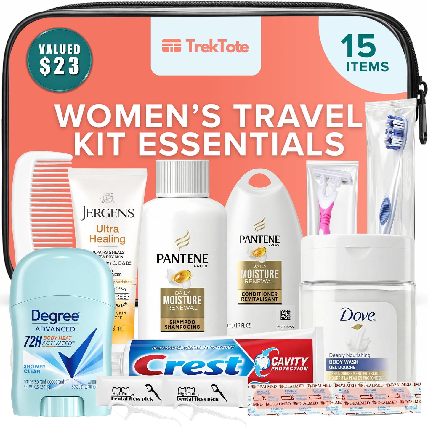 15 Piece Set Women’s Travel & Hygiene Kit with Clear Toiletry Bag, Personal Care Essentials, Single Kit or Bulk Case Packs, TSA Approved Toiletry Kit for Travel, Vacation, Everyday Essentials