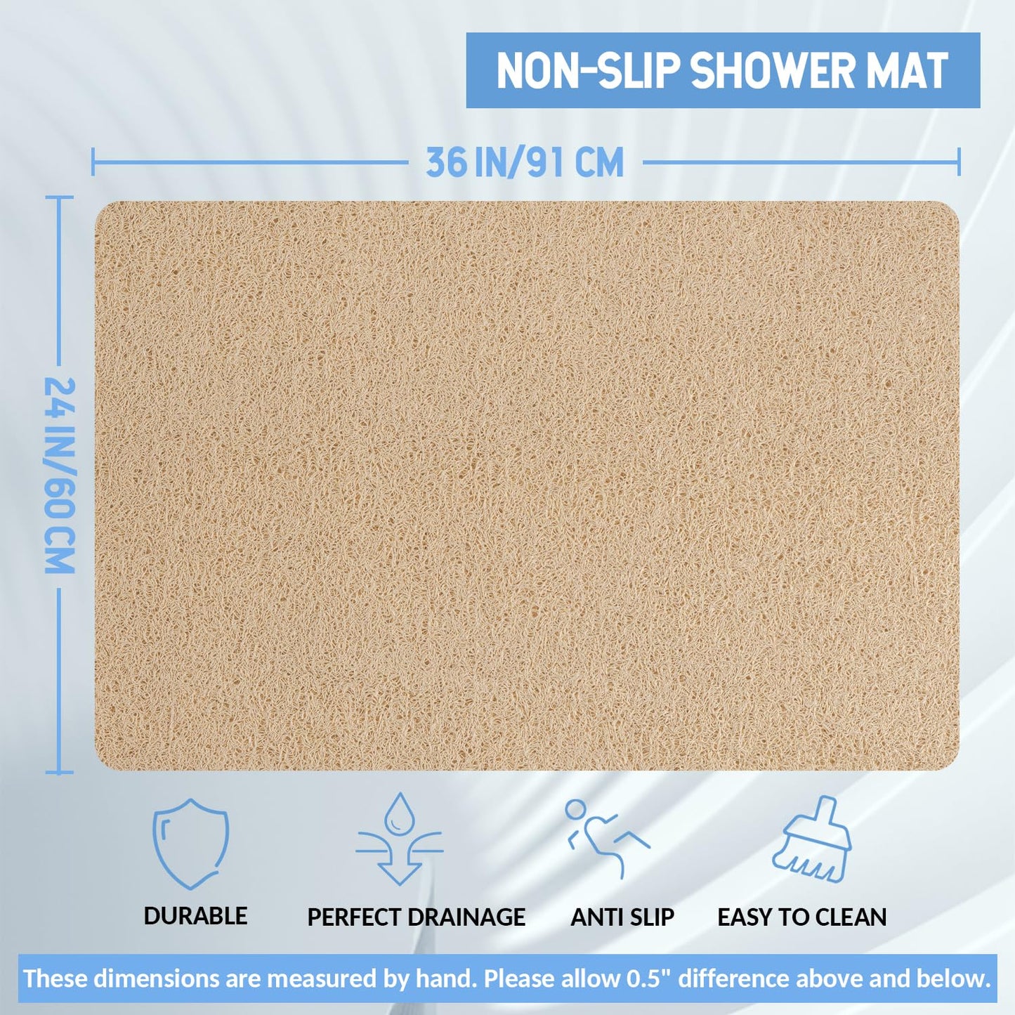 Hargiis Non-Slip Bathtub Mat, Anti Slip Shower Mat, Fast Drying Bathtub Mats, Foot Scrubber Mat, Anti Slip Mat for Tub, Floor, Bathroom, Kitchen, Home, Hotel (Beige 36"×24")