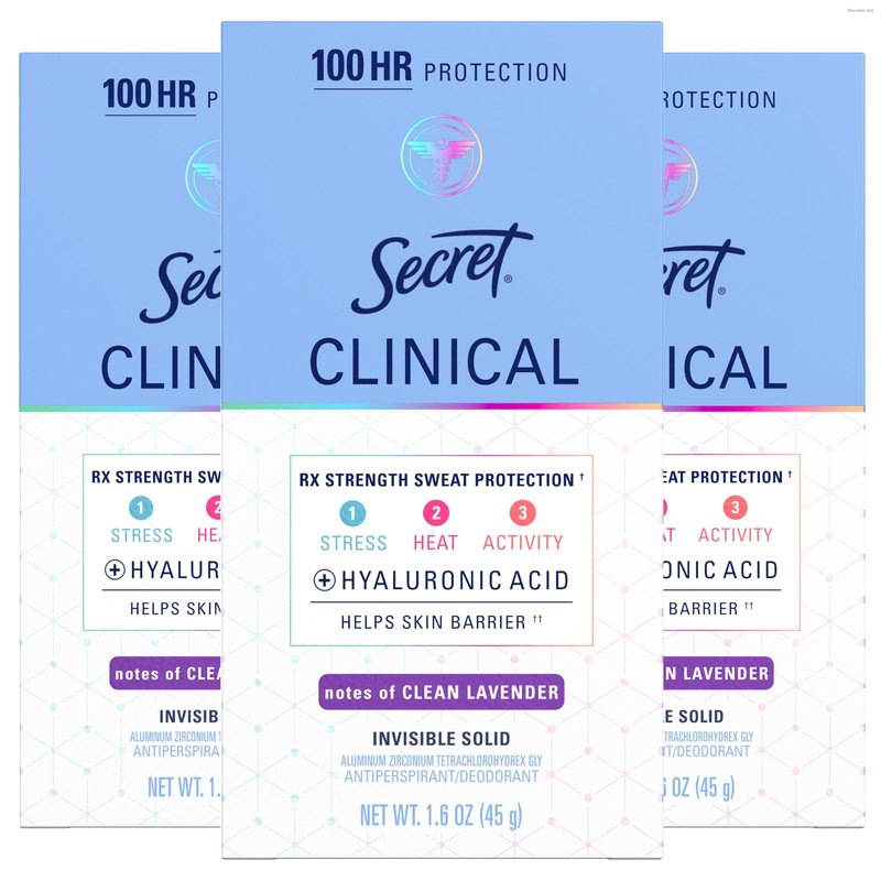 Secret Clinical Strength Antiperspirant Deodorant for Women, 3X Stress Protection, 72hr Sweat & Odor Protection, PH Balancing Minerals, lnvisible Solid, Clean Lavender Scent, 1.6 oz (Pack of 3)