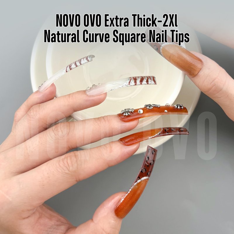 NOVO OVO Halloween XXL Shape Square Slight Curved Nail Tips No C Curve, Extra Thick Natural Curve Clear False Nails Press on, Full Cover Soft Gel Extension Fake Nail Acrylic for DIY x 15 Size 240pcs