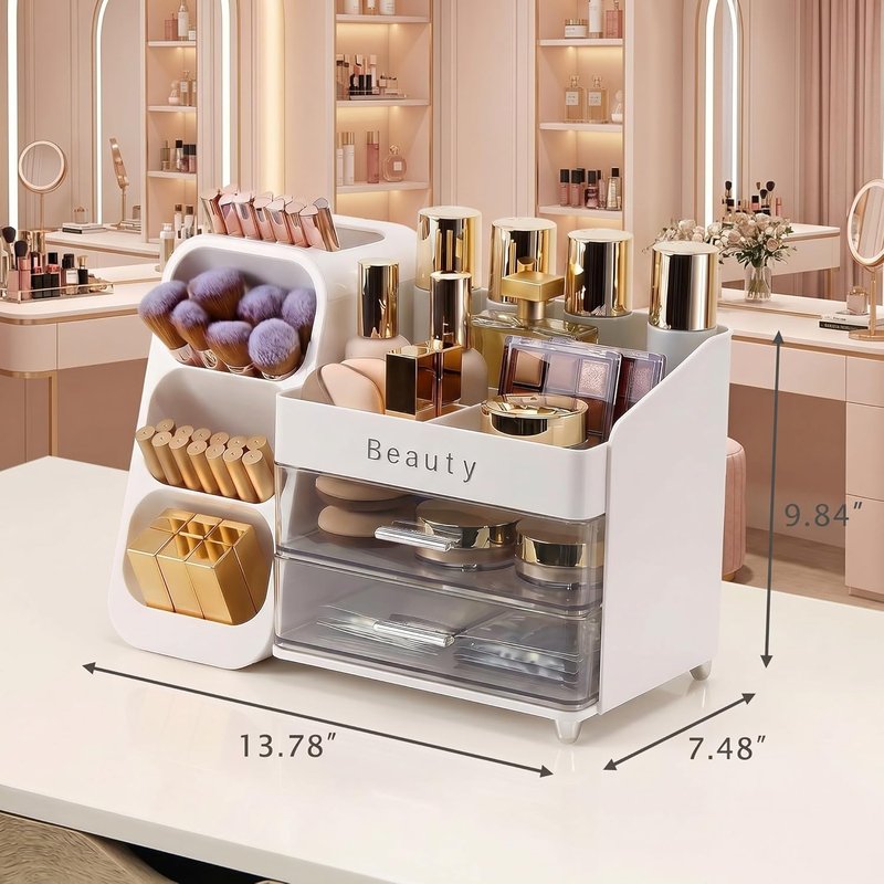 Skiennix Makeup Organizer - Spacious Vanity Storage with Brush Holder & Drawers for Cosmetics