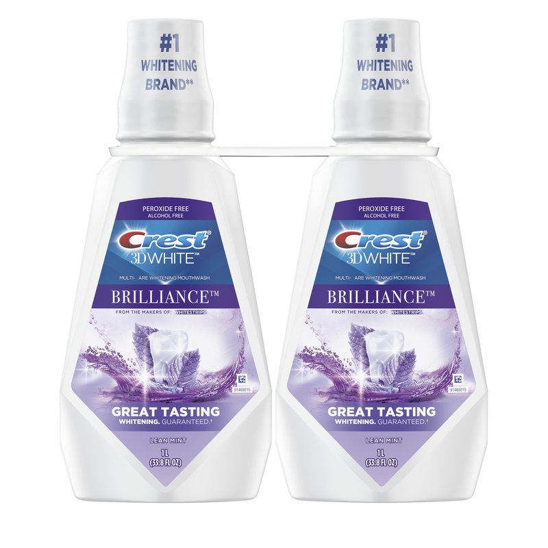 Crest 3D White Mouthwash, Teeth Whitening for Adults, 1L, 2 Pack, Alcohol Free Mouth Rinse, Breath Freshener, Antibacterial, Antiseptic, Bad Breath Treatment, Peroxide Free, Clean Mint