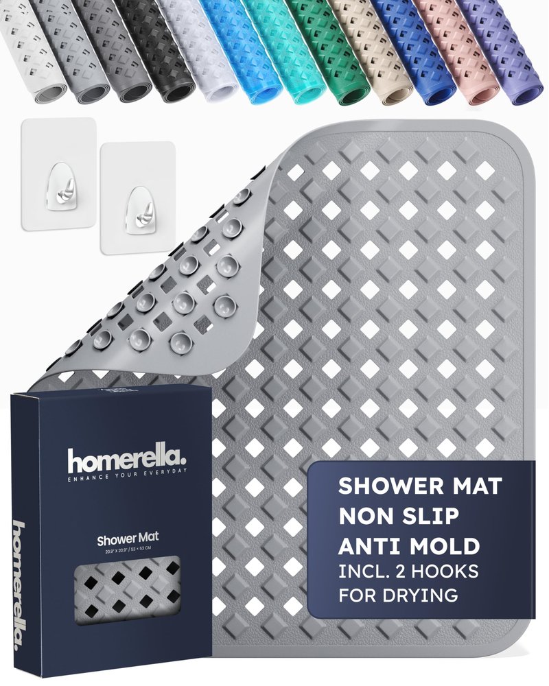 homerella® Shower Mat Non Slip Anti Mold, Non Slip Shower Mats for Inside Shower Stall Anti Slip Mat, Square Shower Floor Mat 21 x 21 in with Suction Cups & Hooks for Quick Drying, Machine Washable