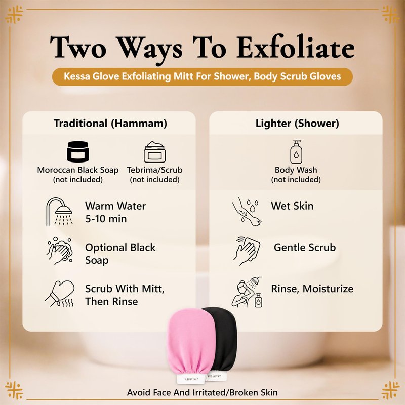 Argaviva Moroccan Exfoliating Glove for Shower - Kessa Hammam Body Scrub Gloves, Exfoliating Mitt, Bath Mitt - Couple's Spa Set, 2 Pack His and Hers, Pink and Black