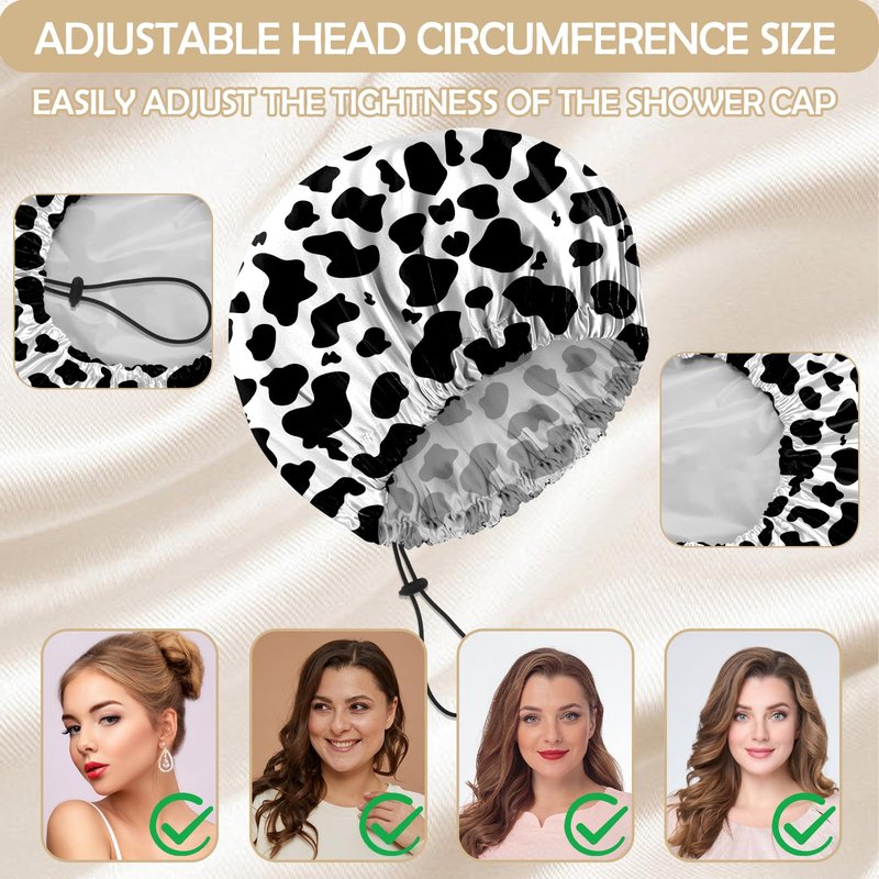 BHAHB 2 PCS Shower Cap Reusable Waterproof Double Layer Elastic Adjustable Hair Bath Caps Cute Aesthetic for Women Girls-Cow leopard