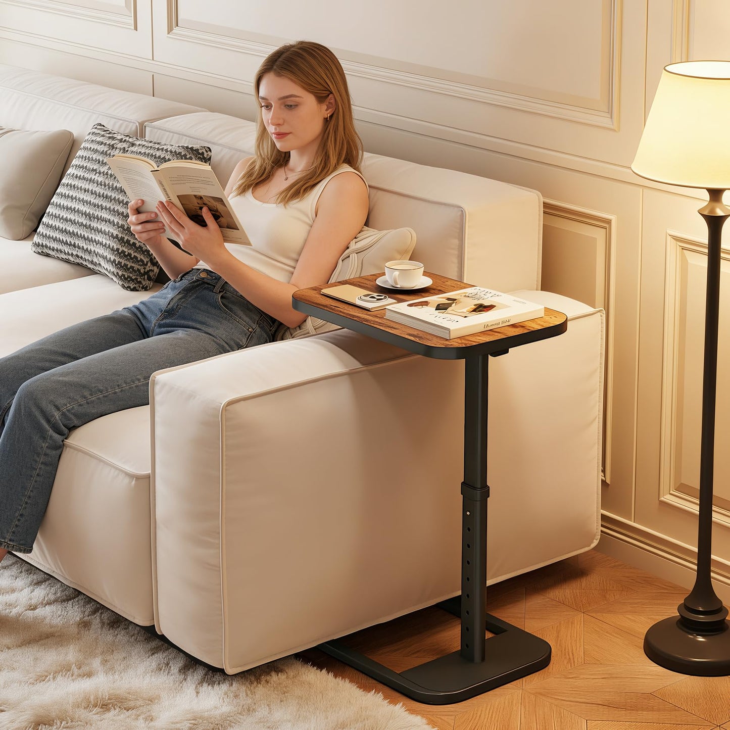 Branwick Adjustable Height TV Tray Table for Couch Eating & Small Spaces, Flip-Top Sofa Side Table with Safe Rounded Corners for Living Room, Bedroom & Apartment, Portable Laptop Snack Table, Brown