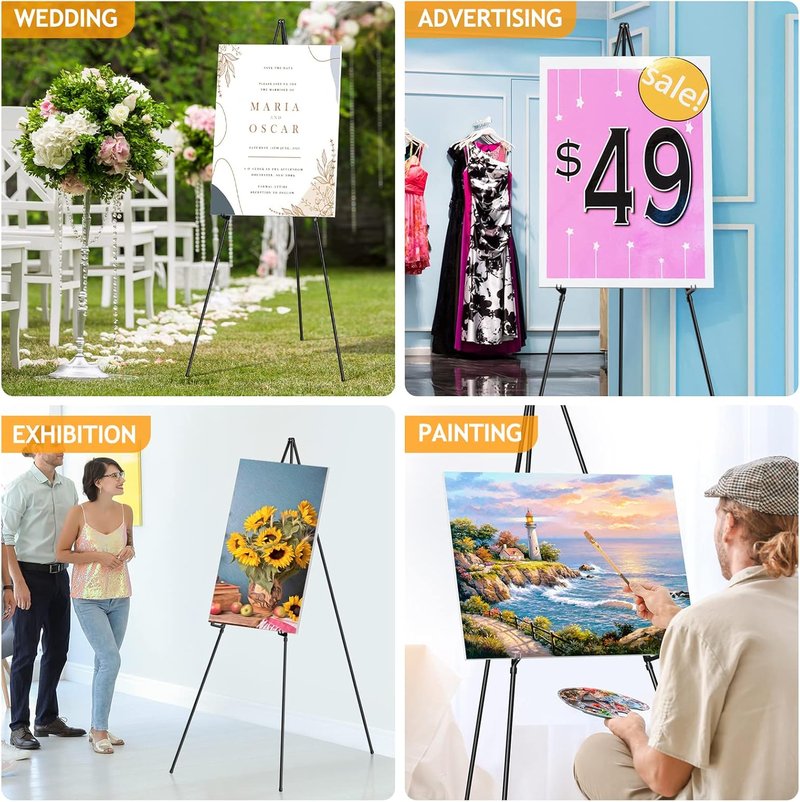 Display Easel Stand - 63” Collapsible Tripod for Weddings | Sturdy Metal Adjustable Floor Easel - Black