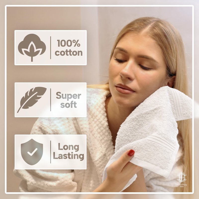 HomeBurg Luxe 12-Piece Washcloth Set - 100% Cotton, Soft & Absorbent, Easy Care, Premium Towels for Face & Daily Use, 12 x 12 in (White)