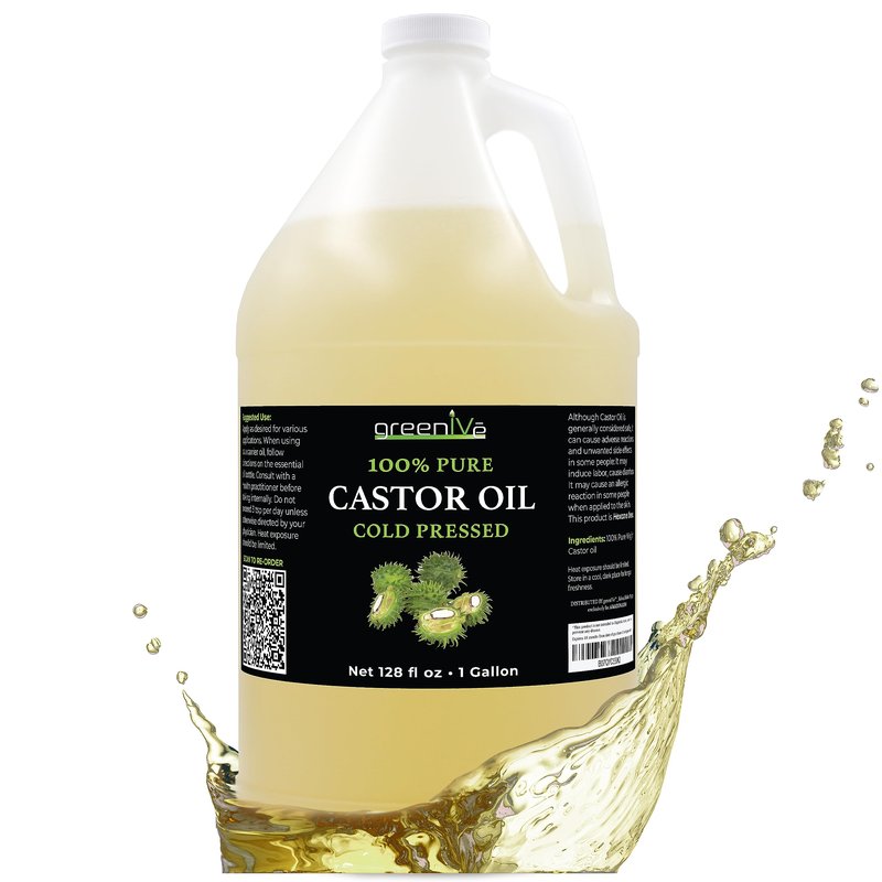 GreenIVe 100% Pure Castor Oil – Cold-Pressed, Hexane-Free – Hair, Eyebrows, Eyelashes, Skin Moisturizer, Castor Pack Wrap Oil Bulk Bottle (1 Gallon)