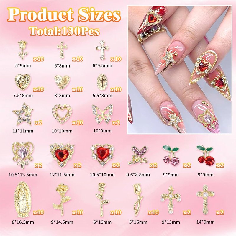 Gold Cross Star Nail Charms Set - 130 Pcs Heart & Flower Designs for DIY Acrylic Nails | Y2K Style