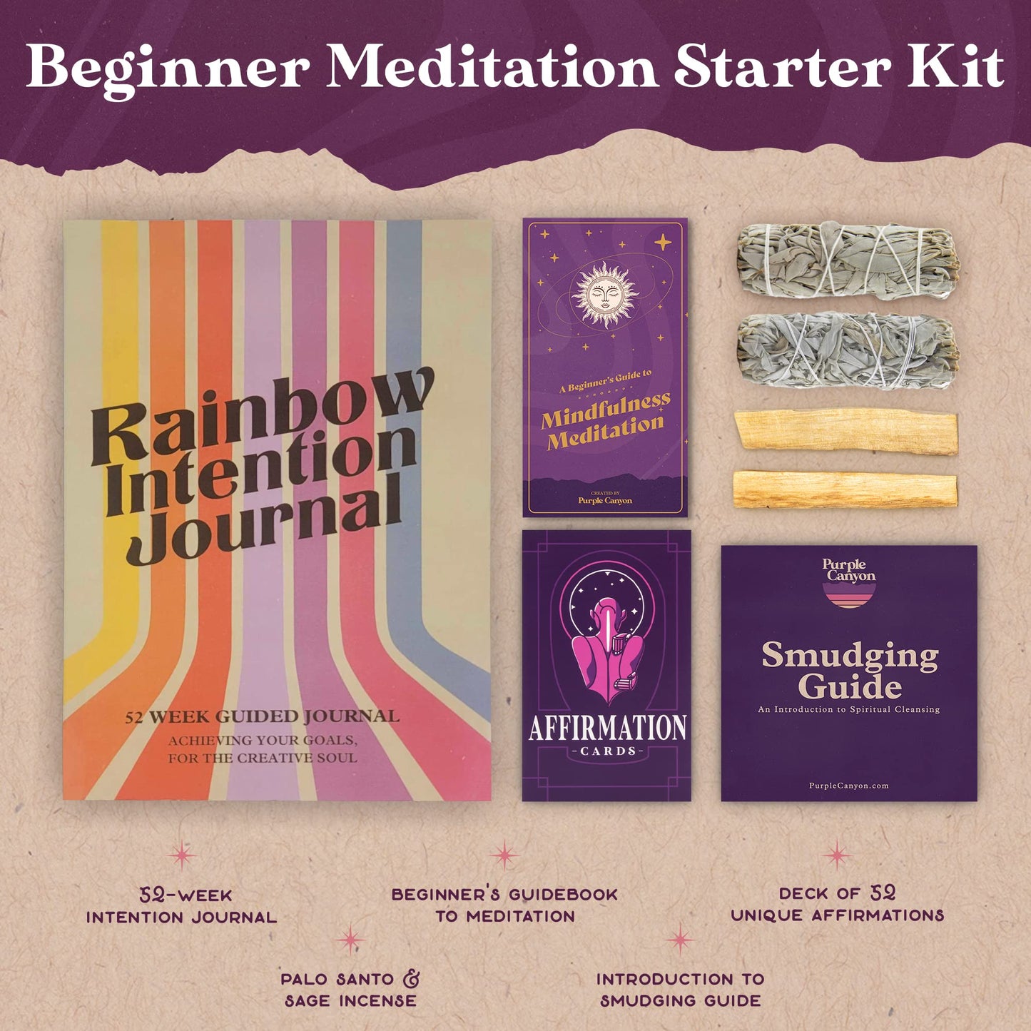 Purple Canyon Meditation Starter Kit | Sage Smudge Kit Includes Manifestation Journal, Affirmation Cards, Sage, and Palo Santo | A Guide to Meditation for Beginners