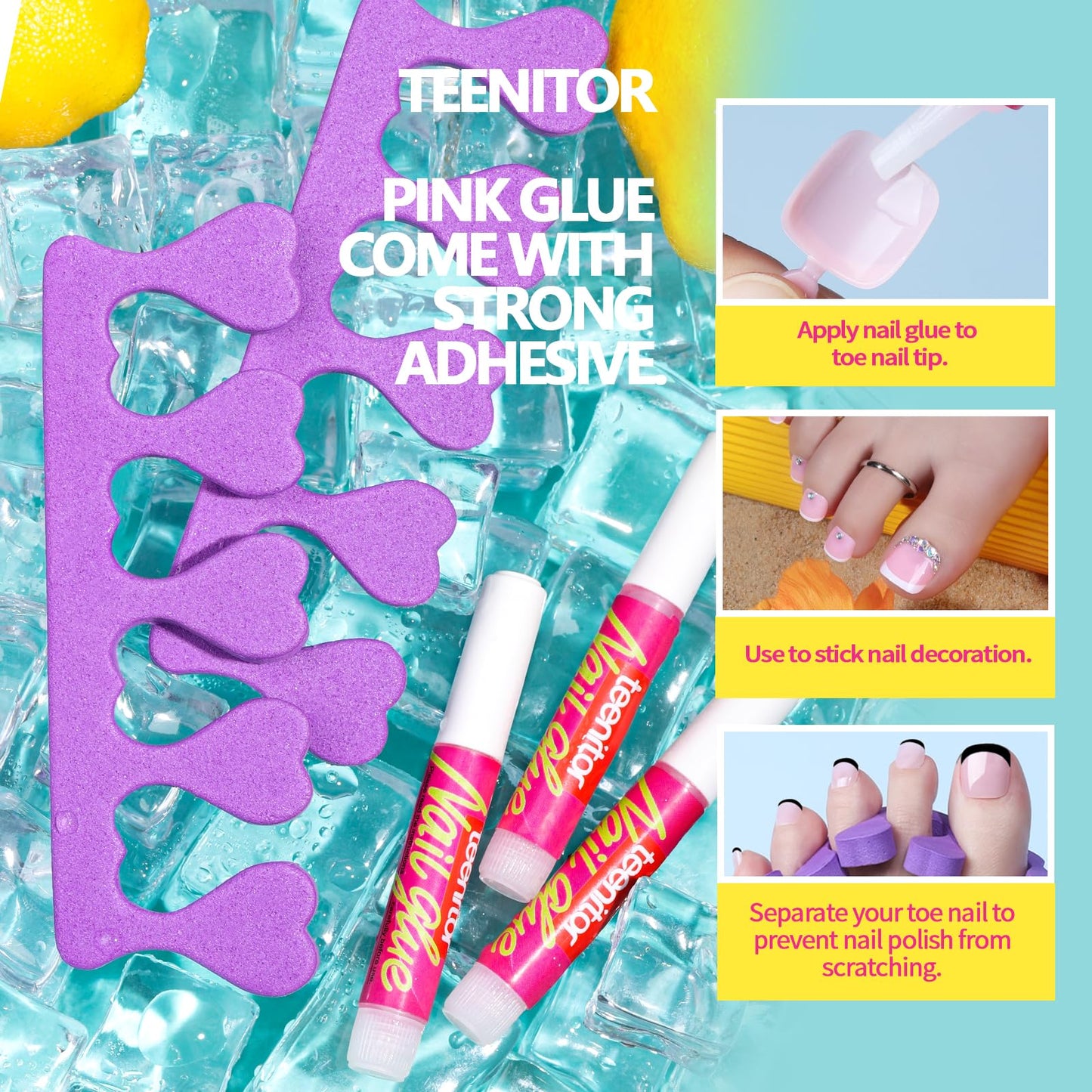 Teenitor Toe Nail Press Ons With Glue, 120pcs Press on Toenails French Tip Toe Nails, Pink French Toe Press on Nails Fake Toe Nails for Women, Short Square Toe Nails Glue on