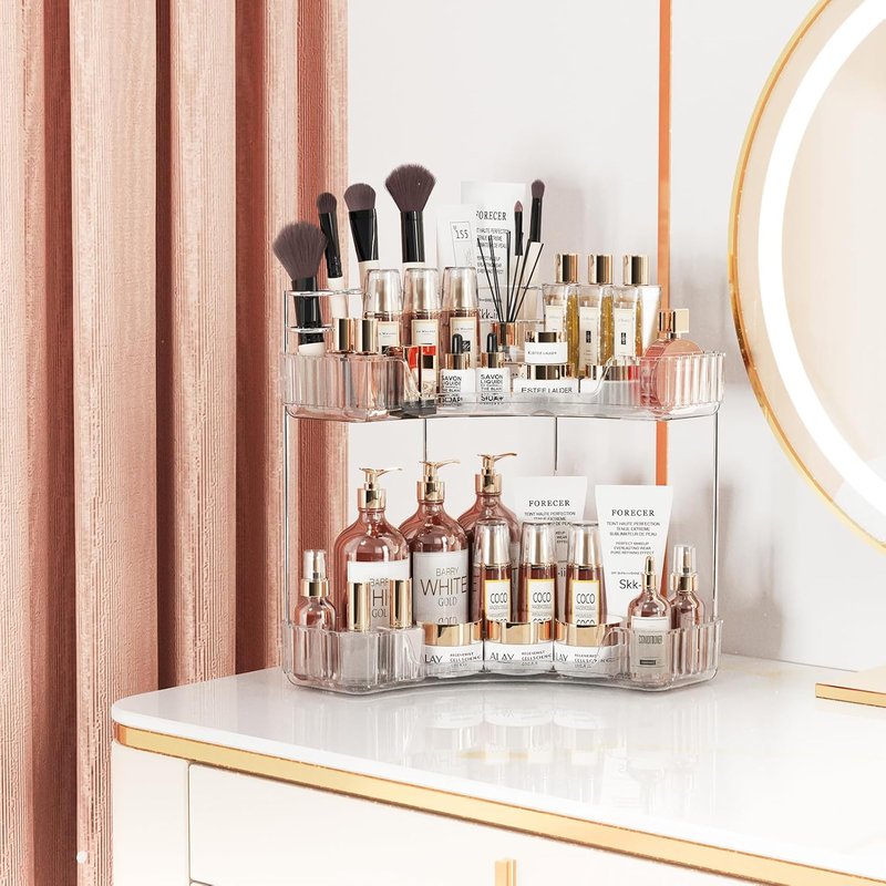 2-Tier Corner Bathroom Counter Organizer - Large Makeup & Skincare Holder | Clear Finish