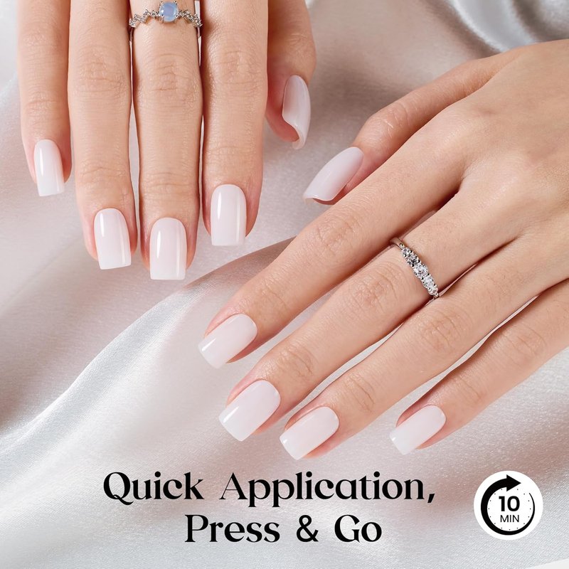 Beetles Milky White Press On Nails - Short Squoval Natural Gel Nails with Glue | 32 Nails Kit in 16 Sizes