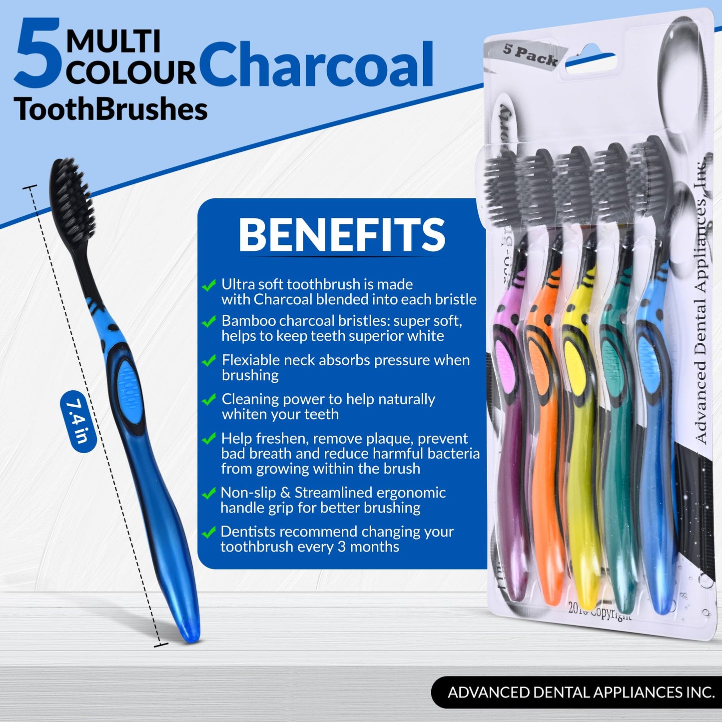 ROTATING BRUSH ADA Cavity Defense Activated Charcoal Toothbrush 5 Pack Ultra-Soft Flosspick Bristle for Sensitive Teeth & Gums, Aids in Teeth Whitening, Extra Soft, Easy Grip (5 Count)