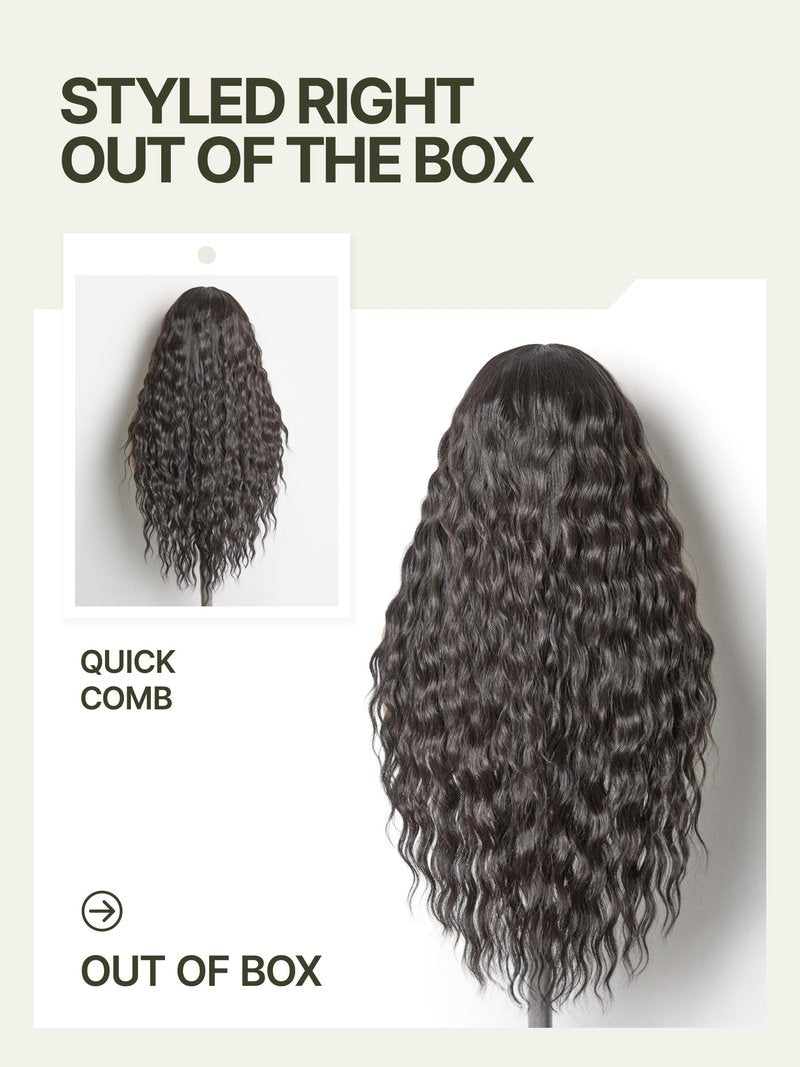 Frodio Veralux™ Blend Human Hair Easy Throw On Lace Wig Boho Curly Ocean Wave Lace Front Wigs Glueless Lace Wig Beginner Friendly 28 Inch HD Lace Glueless Wigs Natural Black Color