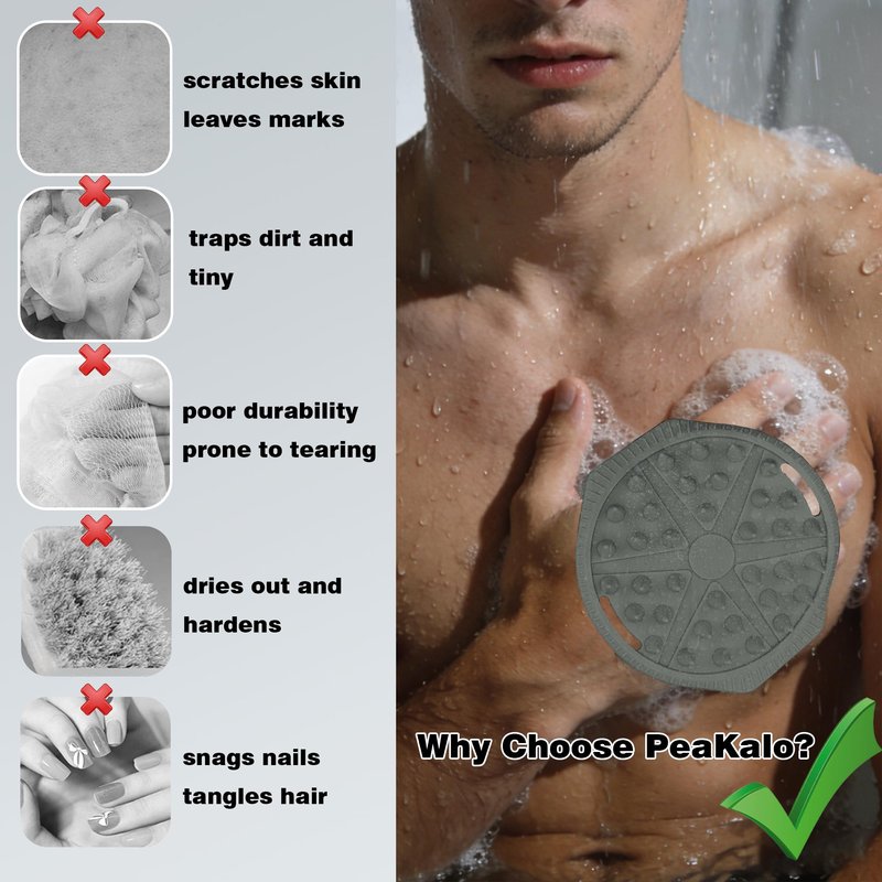 PeaKalo Silicone Body Scrubber for Men Women, Dual-Sided Bath Brushes Gentle Exfoliating Body Scrubber Scalp Massager for Deep Cleansing, Soft Silicone Loofah Body Washing Brushes (Gray+Green)