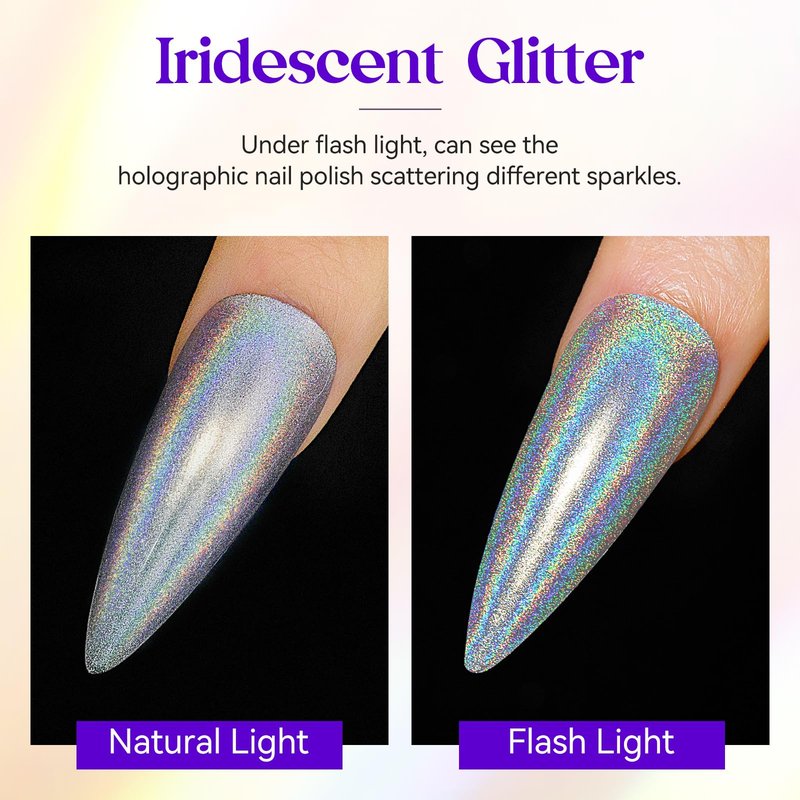 MIZHSE Holographic Nail Polish, Silver Glitter Nail Polish Air Dry Fast, 15 ml 0.5 fl oz High Glossy Shiny Nail Pigment Oil-based Laser Iridescent Nail Lacquer Chrome Halo Nail Art Salon Manicure Home
