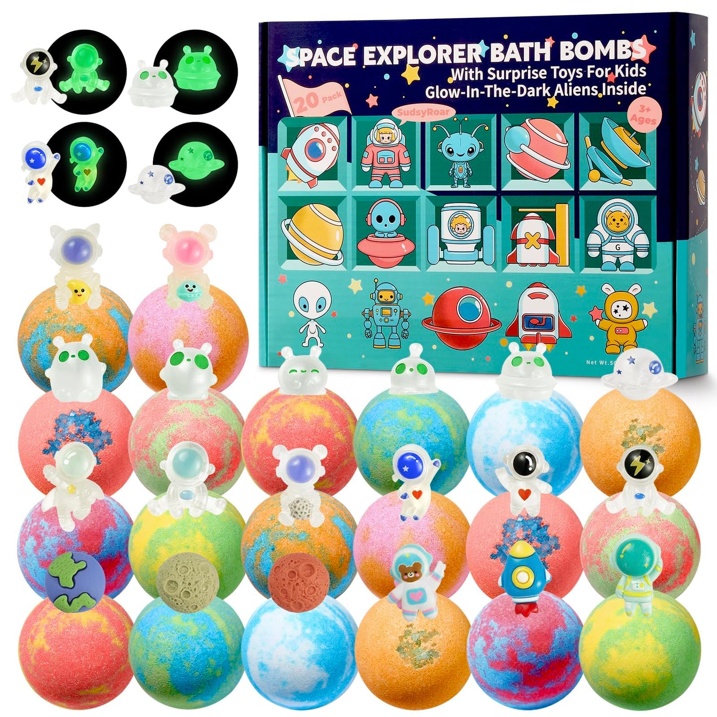 20 Pack Galaxy Bath Bombs for Kids with Space Explorer Toys, Cosmic Adventure Kids Bath Bombs with Astronauts, Rockets, Planets & Glow-in-The-Dark Aliens Inside,End-of-School Year Gifts