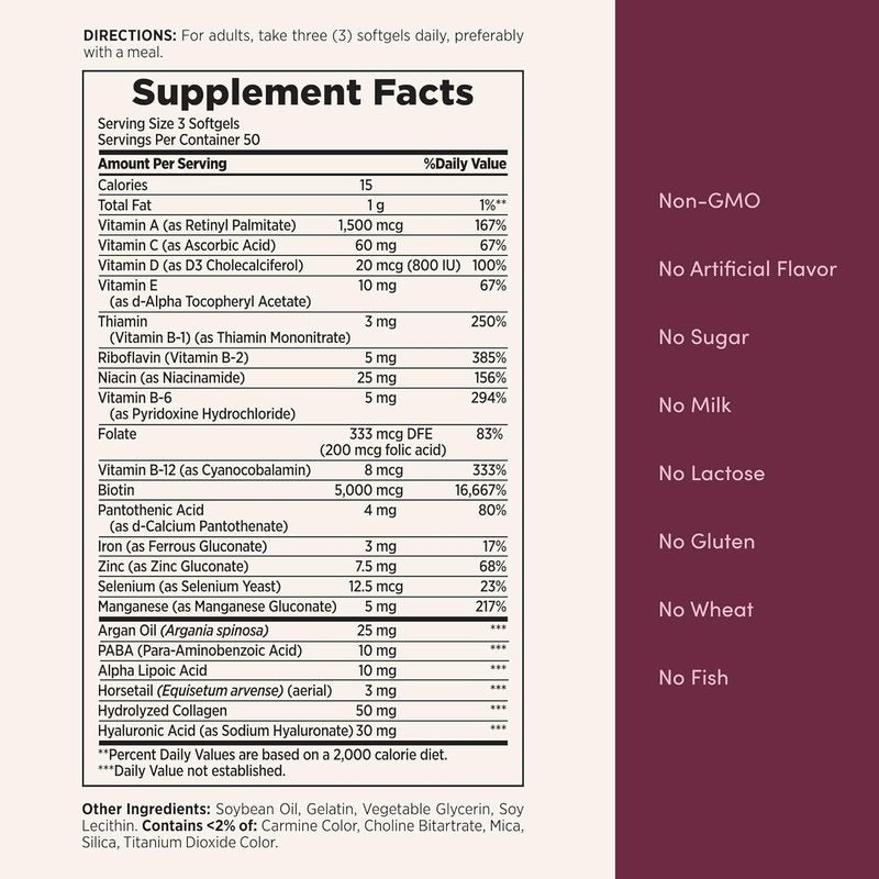 Nature's Bounty Advanced Hair, Skin & Nails - Argan-Infused Vitamin Supplement with Biotin & Hyaluronic Acid | 150 Softgels