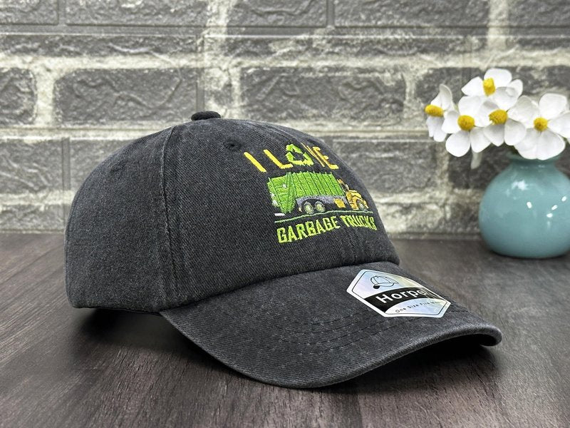 Horpe Garbage Trucks Hat for Kid, Trash Baseball Cap for Boys & Girls, Embroidered Washed Black Snapback Cap for Child