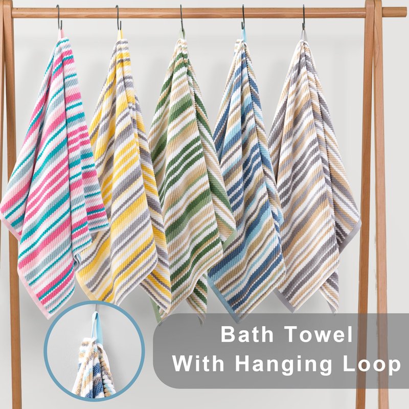 Pink Soft Towel Set (3PC, 100% Cotton), 1 Bath 28"x52", 1 Hand 16"x27", 1 Wash Cloth 13"x13, Quick Dry Towels with Hanging Loop, Striped Absorbent Towels Set for Bathroom & Guest, Pink and Aqua Stripe
