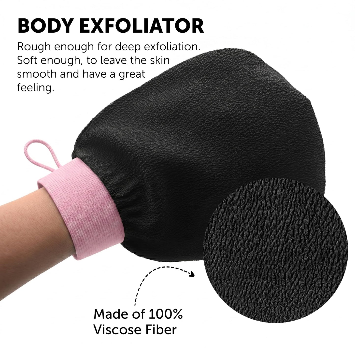 Valitic Exfoliating Glove Body Scrubber - Exfoliating Mitt Dead Skin Remover, Shower Face and Body Exfoliator - Korean Style Skin Scrubber Washcloth - Spray and Self Tan Remover, 1 Black with Pink