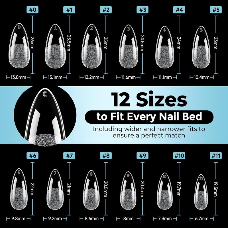 Almond Nail Tips - 360pcs Soft Gel Pre-Shaped Acrylic Nails | Half Matte Full Cover DIY Manicure, 12 Sizes
