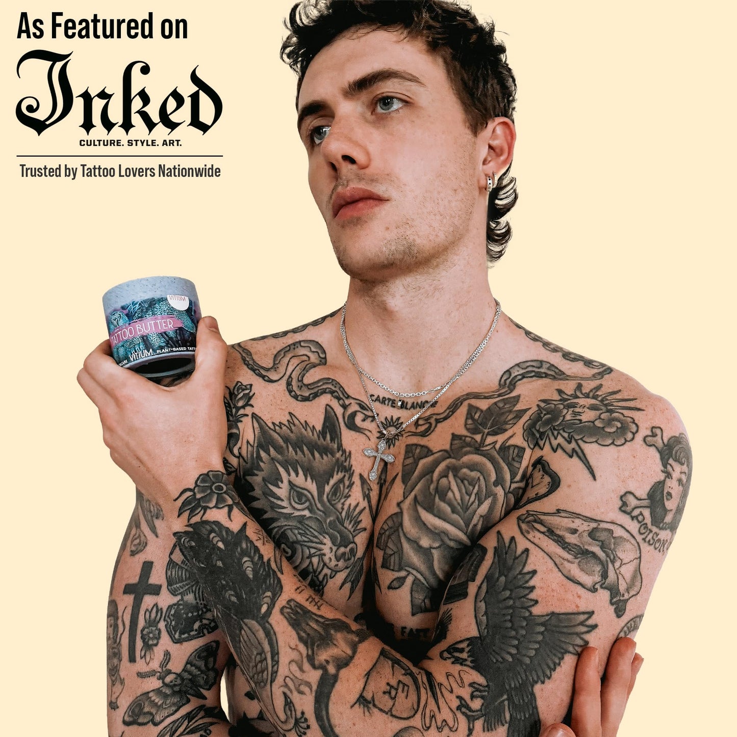 VITIUM Tattoo Butter Aftercare Balm 5oz, Vegan, Brightens & Heals New & Old Tattoos, Signature Tropical Italian Scent, Shea, Mango, Calendula, Glide for Tattoo Artists, Made in Italy, No Petroleum