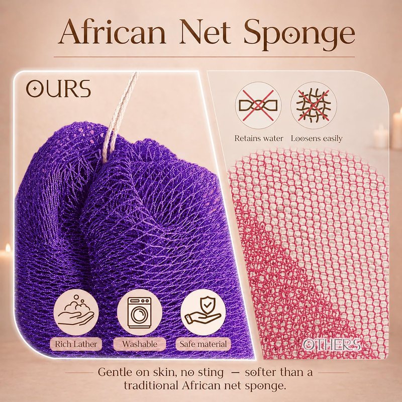 African Net Sponge Authentic, 3 Pcs Real African Exfoliating Net Sponge with Knots for Daily Shower Stretch Back Scrubber for Women and Men Bath Travel Gift Gym Use (Olive Green+Champagne Gold+Pink)