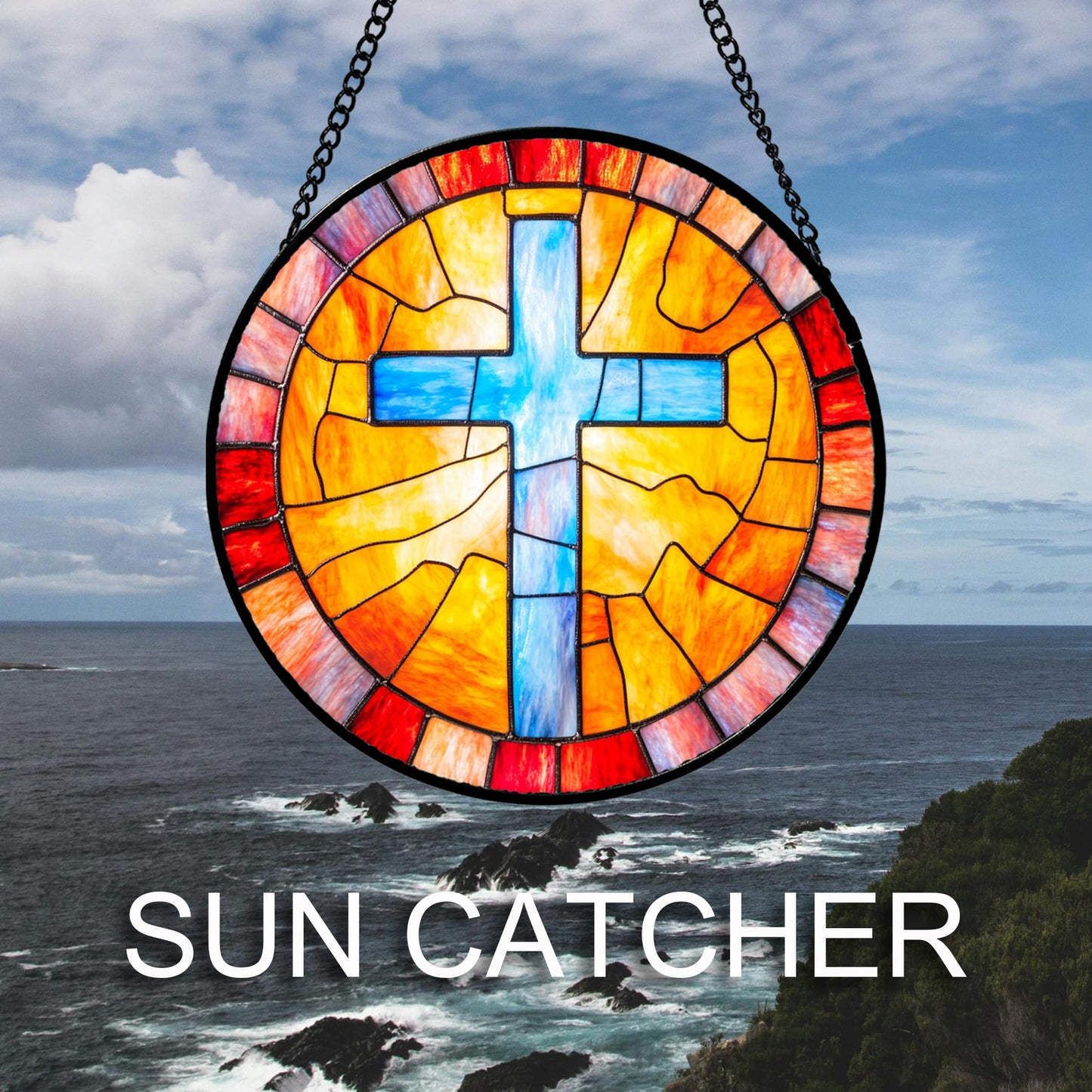 QZQCBLC Christian Gifts for Women - Blue Jesus Cross Stained Glass Window Hanging Easter Orange Sun Catcher Garden Religion Decor Mother's Day Catholic Gift for Men Grandma Nana Dad Mom Her 6.3"