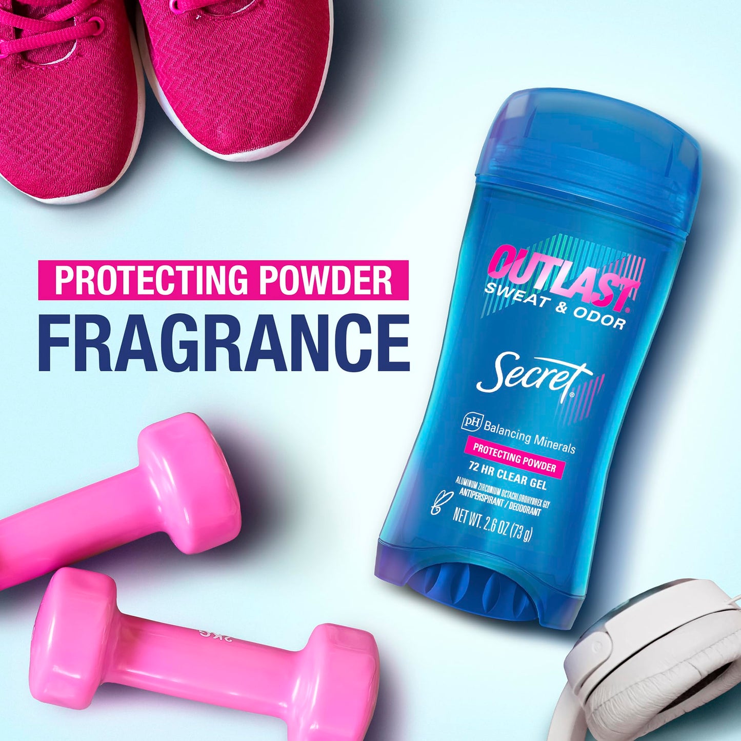Secret Outlast Antiperspirant Deodorant for Women, 72hr Sweat & Odor Protection, PH Balancing Minerals, Clear Gel, Protecting Powder Scent, 2.6 oz (Pack of 2)