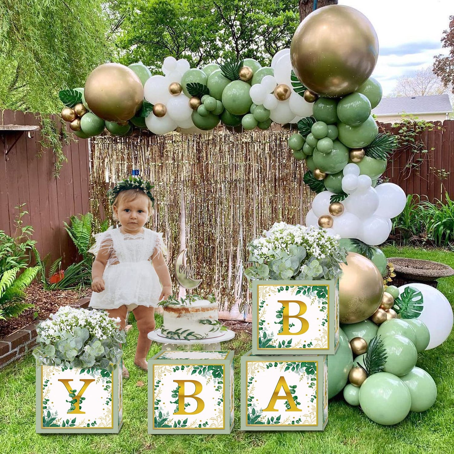 TSVATE Sage Green Baby Shower Boxes, 4PCS Sage Green Gender Reveal Party Supplies Party Centerpiece for Baby Shower First Birthday Decorations (Without Flowers)