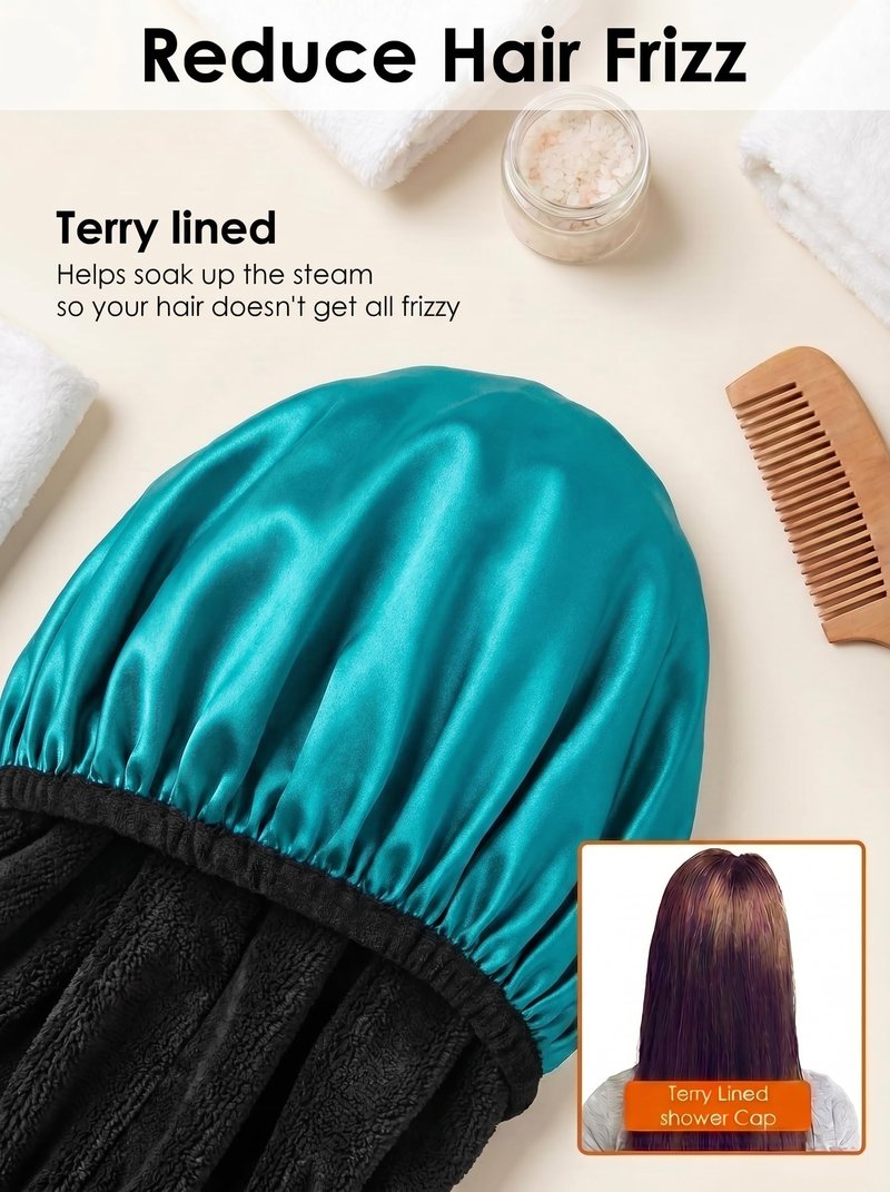 Aquior Shower Cap,Extra Large Triple Layer Bathing Cap with Dry Hair Function for Women Microfiber Terry Cloth Silky Satin 100% Waterproof Reusable Long Hair Bath Caps (Green)