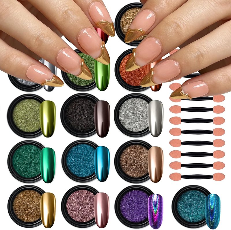 Artdone 16 Colors Chrome Nail Powder Kit - Iridescent Aurora Metallic Pigment for Nail Art & Crafts | Pearlescent Mermaid Glitter