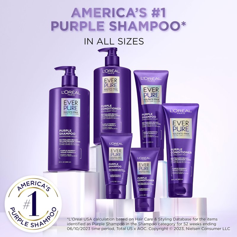 L’Oreal Paris Sulfate Free Brass Toning Purple Conditioner for Blonde, Bleached, Silver, or Brown Highlighted Hair, EverPure, 6.8 Fl Oz (Packaging May Vary)