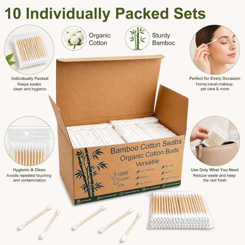 Bamboo Cotton Swabs - Eco-Friendly Disposable Swabs with Soft Tips | 1000 Count in 10 Packs