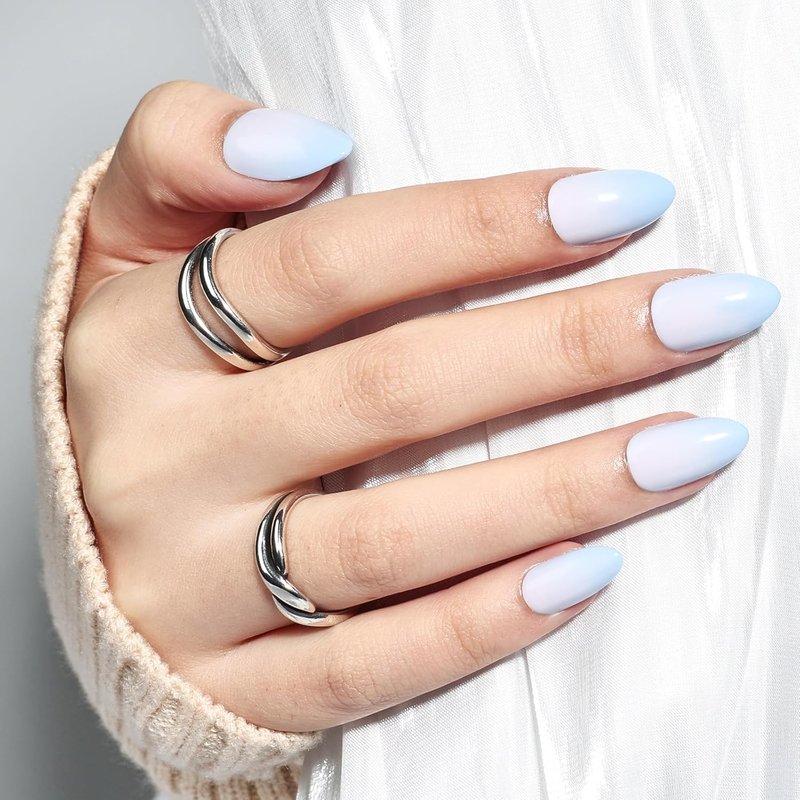 Ombre Press On Nails - Blue Almond French Tip Set | Reusable Fake Nails Kit with Glue, 32 Nails in 16 Sizes