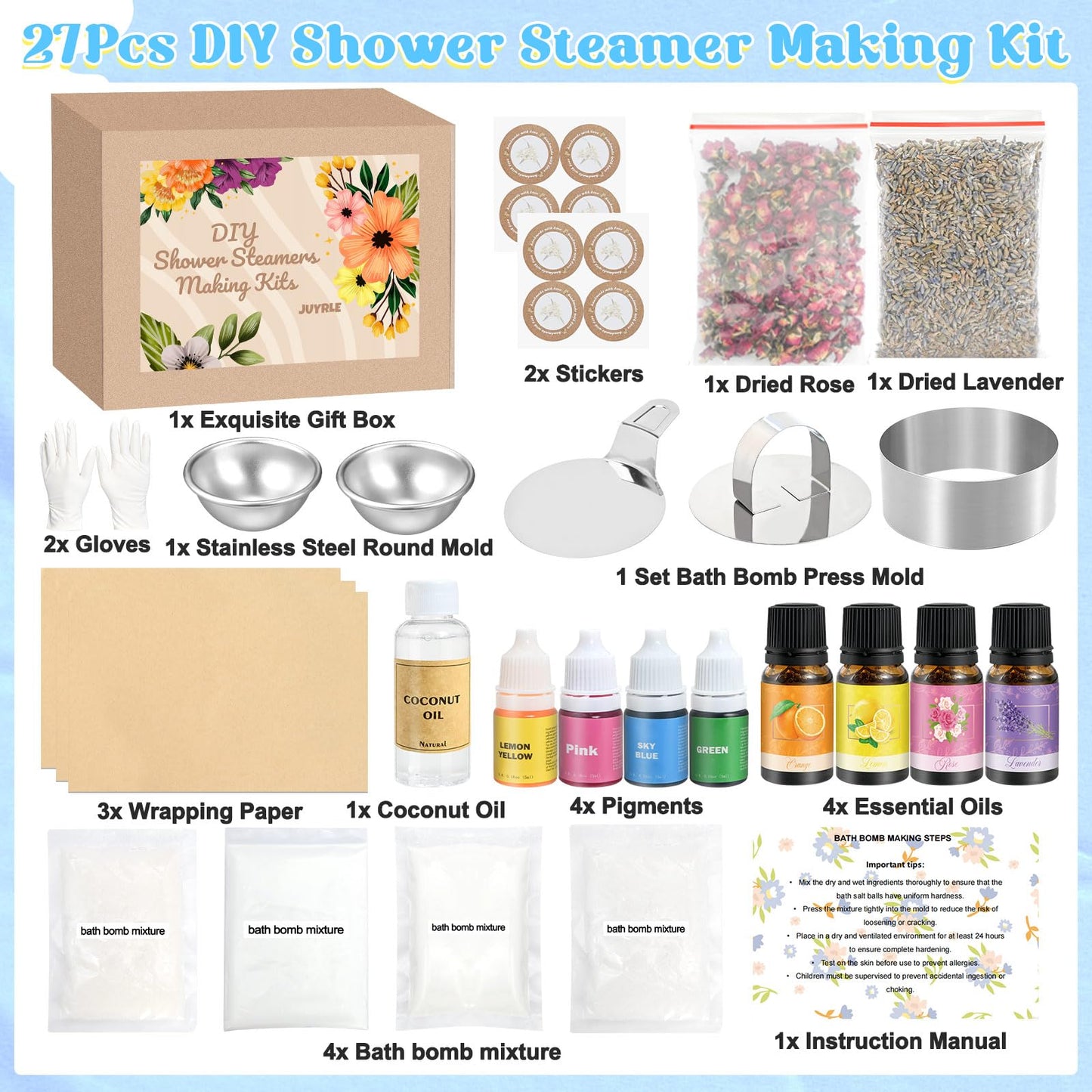 JUYRLE Bath Bomb Making Kit- 49Pcs DIY Bath Bomb Kit for Aldult, Make Your Own Shower Bombs, Spa Craft Kits with Bath Bomb Press, Molds, Bath & Bathing Making Supplies Gifts for Mom Women