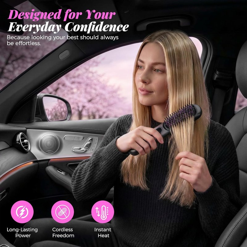 Go Brush Pro Cordless Hair Straightener Brush - Mini Design with 4 Temperature Settings | Portable Ionic & Ceramic Care (Black)