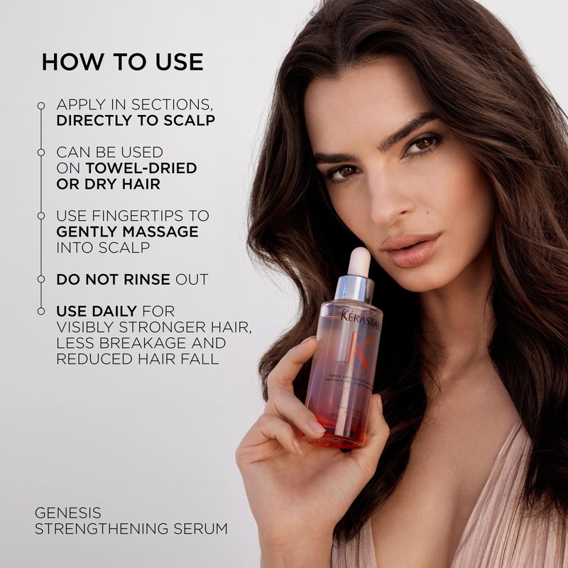 Kerastase Genesis Hair Serum - Prevents Hair Fall from Brushing, Strengthens Weak Hair, Enriched with Ginger & Caffeine, 97% Less Breakage, 3.04 Fl Oz