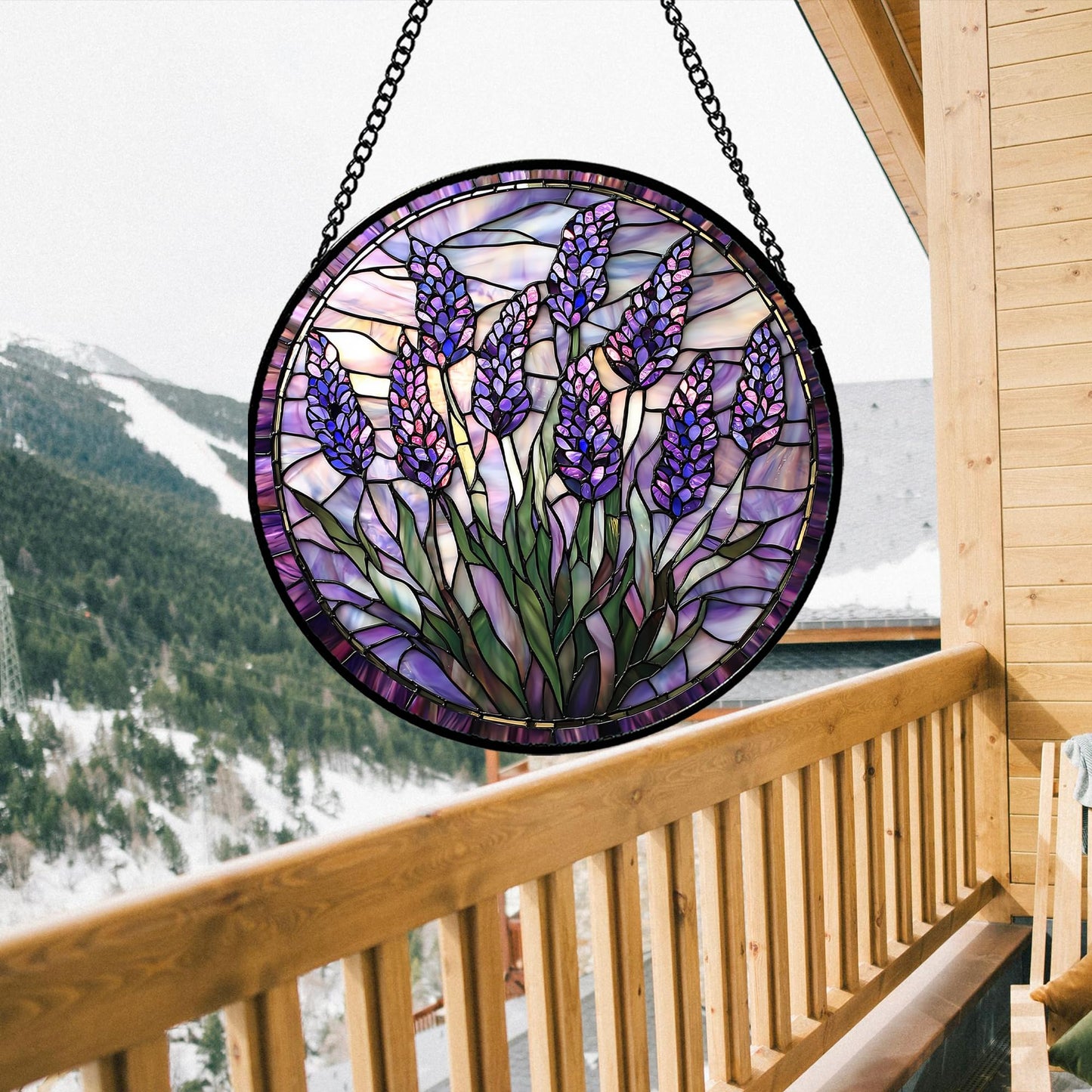 JOSUMALY Stained Glass Window Hanging - Purple Flowers Suncatcher for Door Terrace Garden Home Decor Lavender Plant Floral Sun Catcher Birthday Gifts for Lovers Women Men Dad Mom Nana 7.8 in