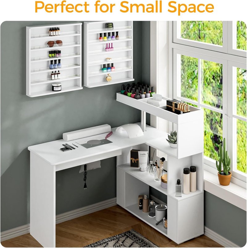 Skiennix Manicure Table - L-Shaped Nail Tech Desk with Dust Collector & Storage Shelf | Acetone Resistant, White
