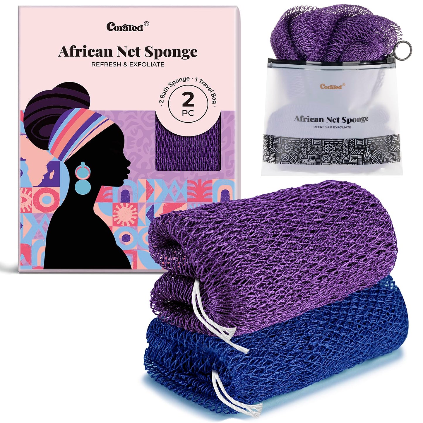 CORATED African Net Sponge with Knots Authentic, Shower Loofah Exfoliating Bath Sponge, Body Scrubber for Women and Men Daily Use Body Care, Travel Portable, Durable Bath Accessories for Bathroom