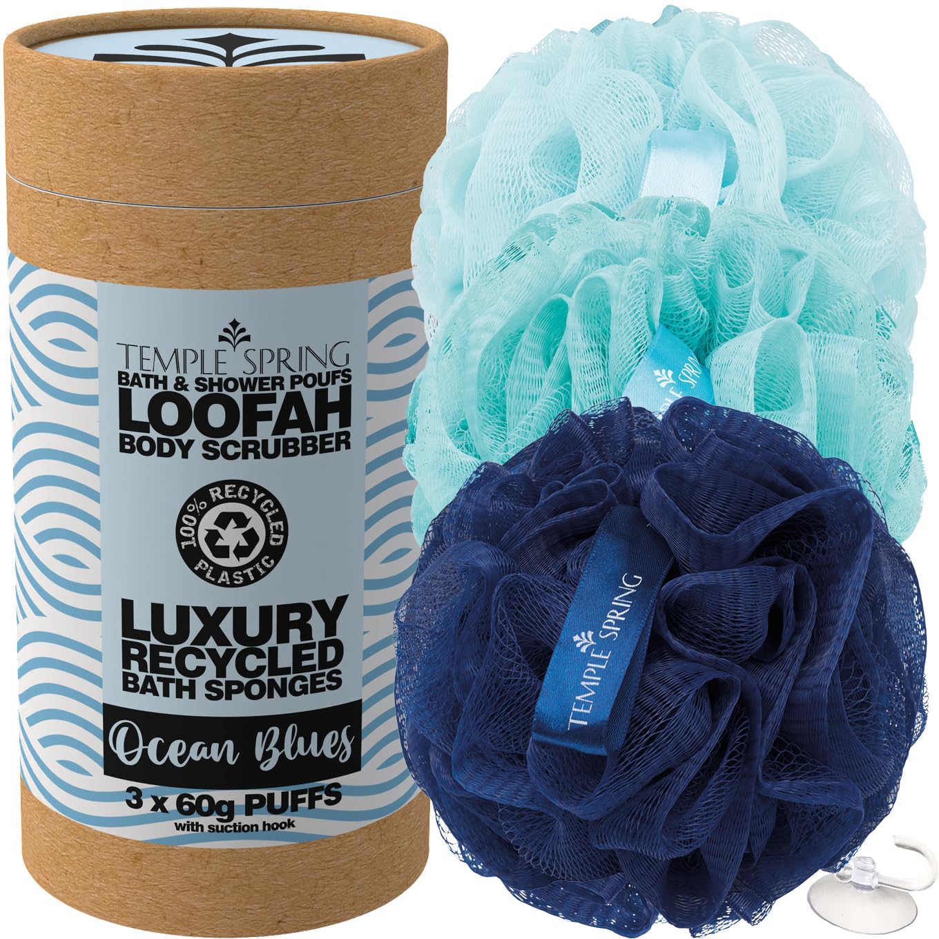 Temple Spring Soft Mesh Shower Loofah Sponge 3-Pack (60g Each) — Gentle Exfoliating Body Scrubber for Rich Lather & Smooth Skin, Bath Sponge for Women & Men, 100% Recycled Materials with Suction Hook