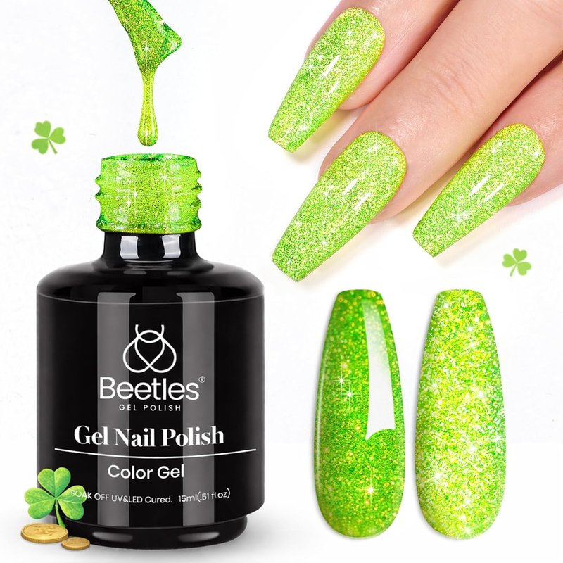 Beetles Green Glitter Gel Nail Polish - Reflective Soak Off UV LED Formula | Summer Lime Green for Nail Art & Manicure