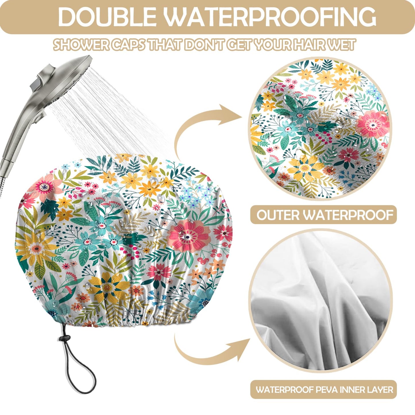 BHAHB 2 PCS Shower Cap Reusable Waterproof Double Layer Elastic Adjustable Hair Bath Caps Cute Aesthetic for Women Girls-Flowers