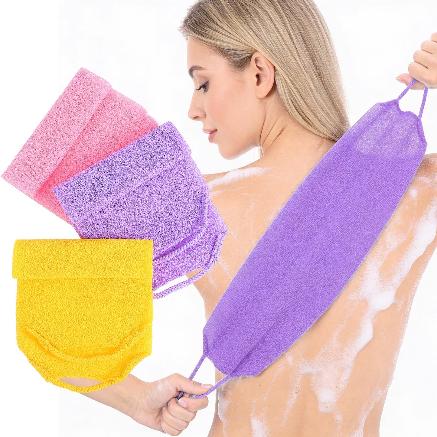 3 Pcs Back Exfoliator Body Scrub Towel, Double-Sided Back Loofah for Shower for Daily & Deep Skin Cleaning, Bath Backs Scrub Washcloth for Men & Women