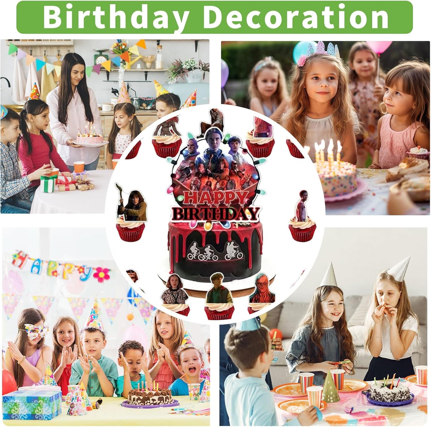 Stranger Things | 13 Pcs Cake Decoration Set - 12 Cupcake Toppers & Happy Birthday Topper for Themed Parties