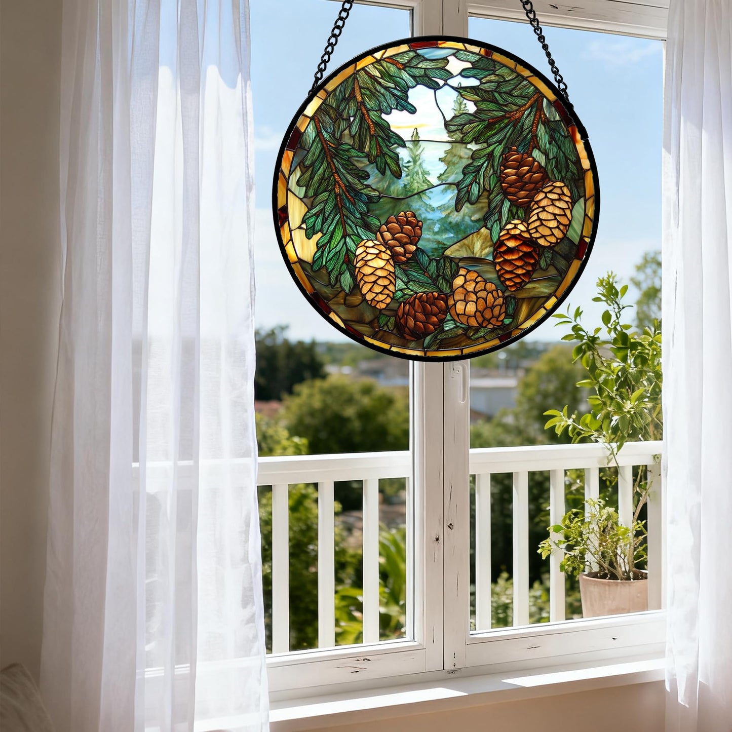 QZQCBLC Stained Glass Window Hanging Forest Pine Cone Landscape 7.8" - Green Suncatcher Door Terrace Garden Sun Catcher Home Decor Birthday Christmas for Mom Men Woman Wife